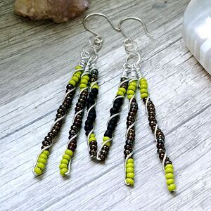 Boho Chic Seed Bead Hammered Dangle Earrings, Statement OOAK Artisan 3.5"